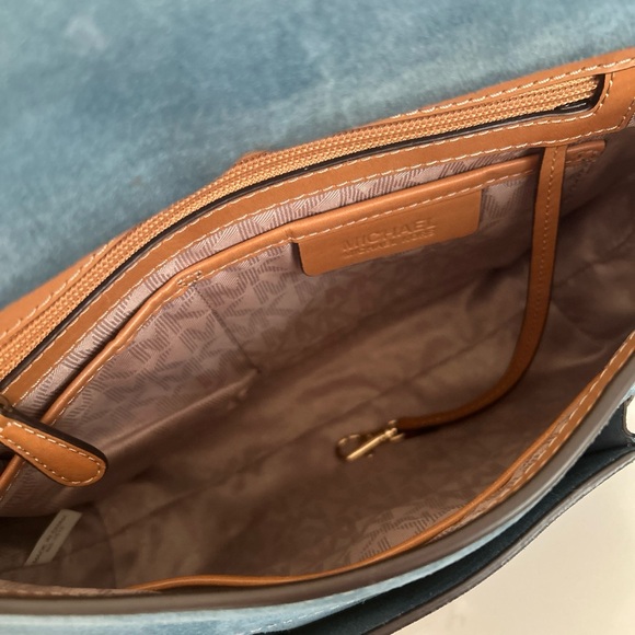 MICHAEL KORS ROMY DENIM BLUE SUEDE BROWN CROSSBODY MESSENGER BAG SATCHEL - Picture 15 of 16